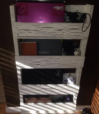 repurposed pallet laptop wall organizer