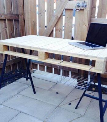 wooden pallet office desk with 3 post metal legs