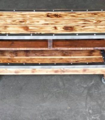 repurposed pallet console table with trimmed metal sides