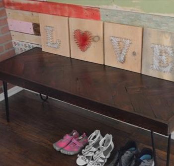 upcycled pallet wood herringbone bench