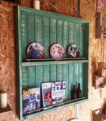 distressed green pallet wall unit